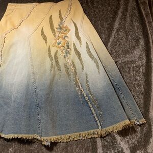 Denim Skirt Midi Gold Blue Denim Ombre Raw Edge Boho Western Casual A Line REaD
